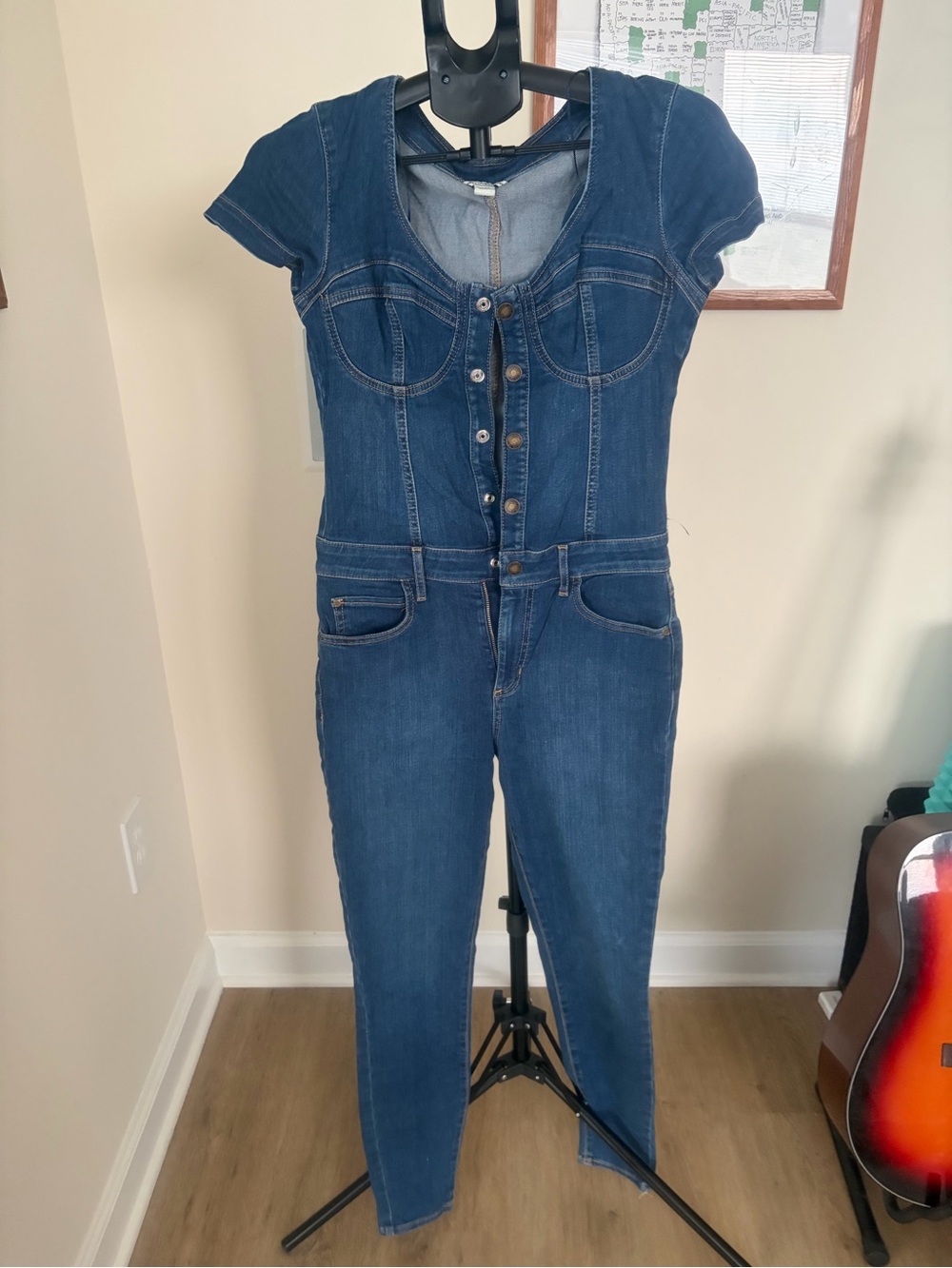 Guess Denim Fitted Snap Front Jumpsuit Sz M